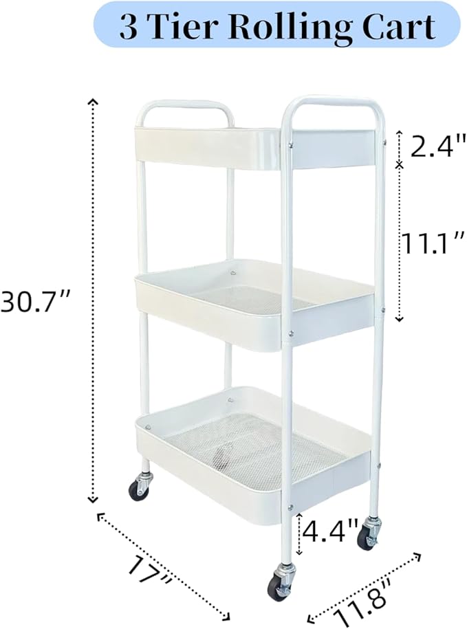 LIWNYRK Metal 3 Tier Rolling Cart with Wheels for Kitchen Storage & Laundry Room Organization, Bedside Cart with Handle and 4 Hooks, Versatile Large Capacity Art & Craft Storage Organizer, White