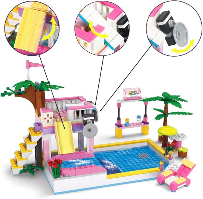 BRICK STORY Dream Girls Friends Summer Pool Party Building Sets with Diving Platform Slides Juice Bar Sun Lounger Palm Tree Summer Fun Water Park Pool Building Blocks Gift for Kids Aged 6-12 (302 PCS)