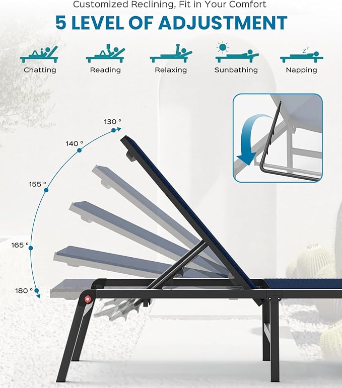 Pool Lounge Chairs Set of 2, Foldable Aluminum Chaise Lounge Outdoor with 5 Positions Recliner - Free Assembly - Patio Chaise Lounge Chair for Poolside, Beach, Yard (Navyblue, 2 Pack)