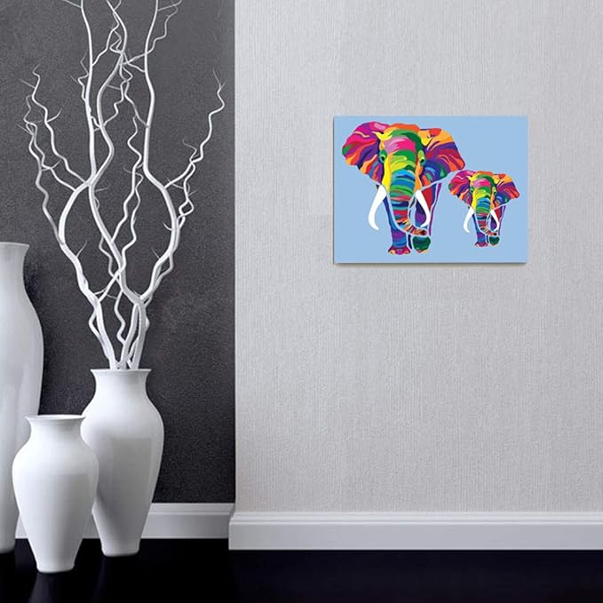 Elftoyer Paint by Numbers for Kids & Adults & Beginner, DIY Canvas Painting Gift Kits for Home Decoration - Colorful Elephants 12 x 16 inch (Wooden Frame)