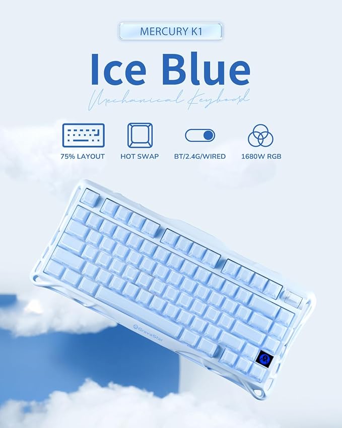 GravaStar Mercury K1 75% Blue Gaming Keyboard, Aluminum Alloy Mechanical Keyboard, Gasket Hot-Swap Socket, Linear Switches, RGB Backlit, Wireless Keyboard for Gaming, Office, and Gifts