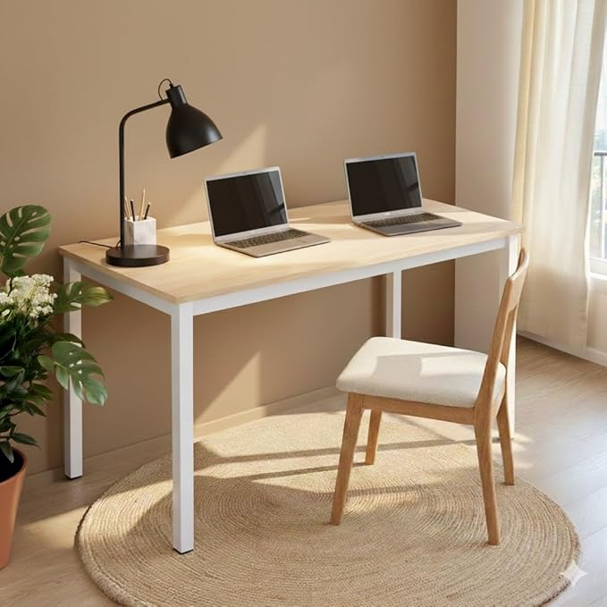 55 inch Large Computer Desk Wood, Modern Simple Style Desk for Home Office, Bedroom, Study Student Writing Desk, Small Spaces, White Metal Frame, Apple Wood Grain Top