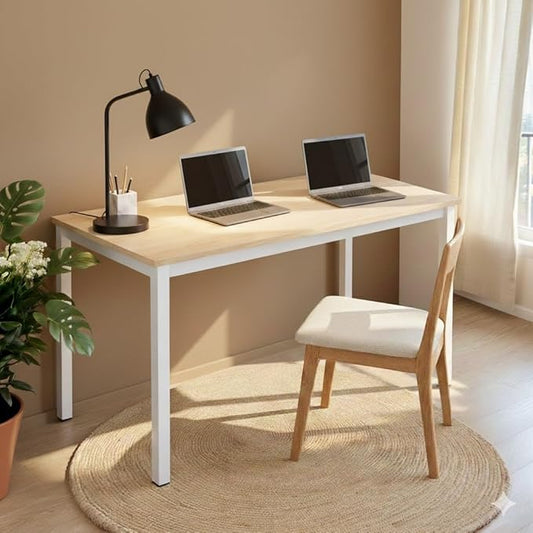 55 inch Large Computer Desk Wood, Modern Simple Style Desk for Home Office, Bedroom, Study Student Writing Desk, Small Spaces, White Metal Frame, Apple Wood Grain Top