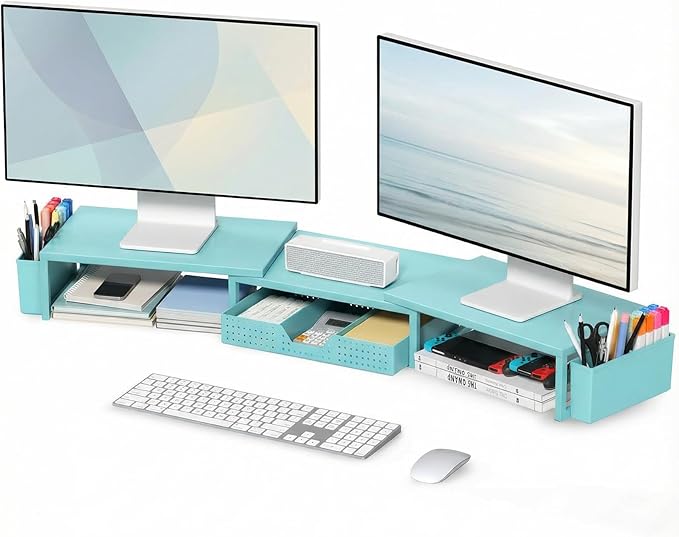 OPNICE Desk Organizers and Accessories, Dual Monitor Stand Riser with Drawer and 2 Pen Holders, Desk Shelf Metal Computer Monitor Stand for Office Workspace Organizers, Desktop Organization (Blue)