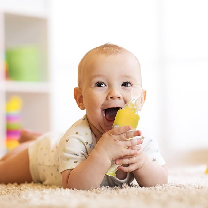 2 Pieces Silicone Baby Spoons Baby Feeding Spoon with Standing Base for Infant 0-24 Months Dispensing and Feeding (Yellow)