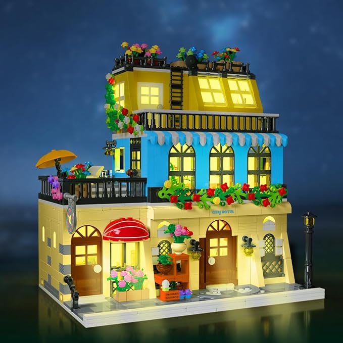 City Hotel Architecture Building Set with LED Lights, 1464 Pcs 3 Layer City Street Hotel Model City Hotel Building Block Kit Construction Model for Kids for Teens Adults