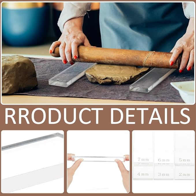 BENECREAT 12Pcs 6 Size Acrylic Polymer Clay Depth Guide Set, 2,3,4,5,6,7mmAdjustable Clay Rolling Pin Guide with Protective Film for Polymer Earrings, Roller Depth Guides