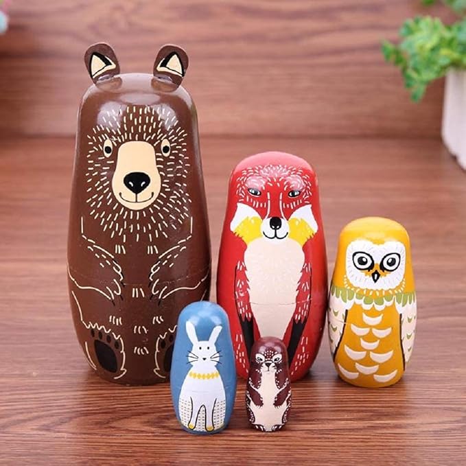 Konrisa Animal Nesting Dolls Handmade Figurine Wooden Stacking Dolls Toys for Children Kids,Home Decoration Party Supplies,Set of 5 Brown Bear