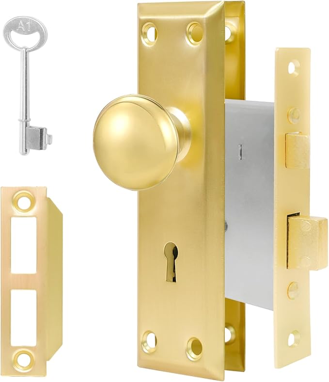 Vintage Door Knob with Lock for Interior Doors Polished Gold, Antique Brass 1 Pack Mortise Lock Set, Old Fashioned Bathroom & Bedroom with Skeleton Key for Old House Doors