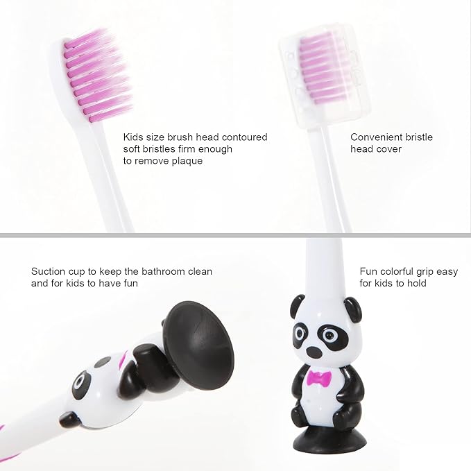 Newday Kids toothbrushes 6 Pack Set Soft Bristles with Suction Cup, Includes Travel Covers, Bear Panda toothbrushes for Kids Boys & Girls, Toddlers &Children Teeth Age 3+