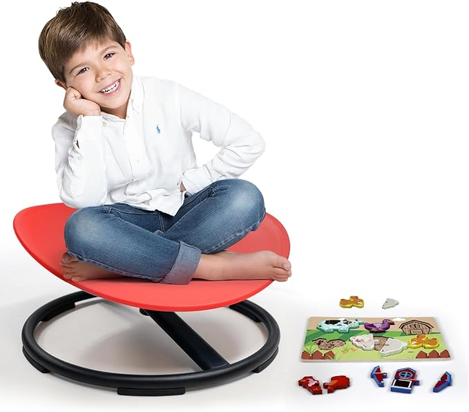 Kids Sensory Swivel Chair, Sensory Spin Chair for Autism Kids, Body Coordination Training Chair, Spin Seat, Metal Base, Non-Slip Design, (Red)