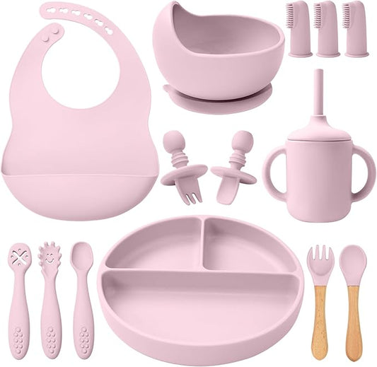 Silicone Baby Feeding Set 14 Pcs,Baby Led Weaning Supplies, Baby Spoons Suction Bowl Divided Plate Bib Cup Finger Brush,First Stage Solid Food Eating Utensils - 6+ Months(Light Pink)