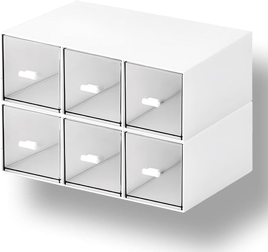 Desktop Drawers, Desk Organizer with 6 Drawers, Stackable Plastic Storage Box for Home Collection, Cosmetics, Jewelry, Office Supplies (2 Tall Layers, White)