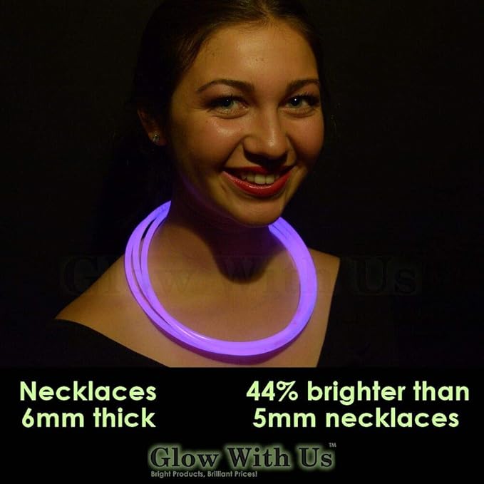 Glow Sticks Bulk Wholesale Necklaces, 100 22” Purple Glow Stick Necklaces. Bright Color, Glow 8-12 Hrs, Connector Pre-Attached, Sturdy Packaging, GlowWithUs Brand