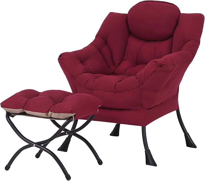 Welnow Lazy Chair with Ottoman, Modern Lounge Accent Chair with Armrests and a Side Pocket, Leisure Sofa Armchair, Reading Armchair with Footrest for Small Space, Burgundy