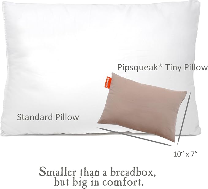 Pipsqueak Small | Tiny | Mini Pillow with Name Tag - 11in x 7in x 2.5in - Machine Washable - White Pillow with Khaki Case