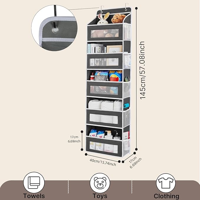 Over The Door Storage Organizer,Hanging Door Organizer with 5 Pockets Mesh Side Bag,Sturdy Hanging Shelves for Toys,Diaper,Nursery,Bedroom,Bathroom,15.7"×6.7"×57",Black