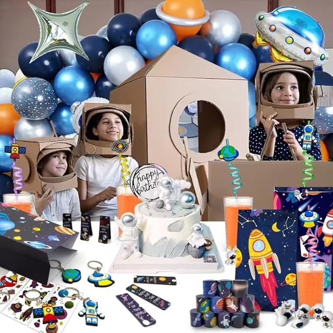 146 Pcs Space Party Favors Set with Space Straws Keychains Slap Bracelet Bookmark Tattoo Stickers Goodie Bags Space Party Supplies Outer Space Birthday Decorations