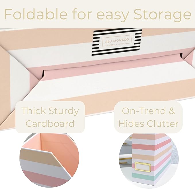 BLU MONACO Set of 4 Foldable Magazine Holders in Pastel Stripes | Cardboard Vertical File Organizer Boxes with Gold Label Holders | Stylish Paper Organizer for Desk, Office & Classroom