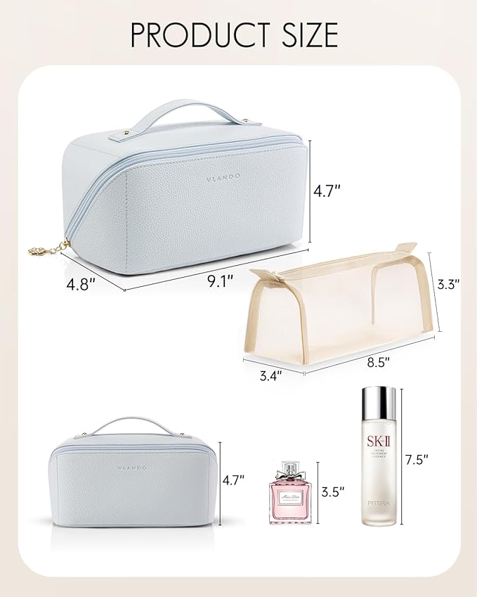 Vlando Makeup Bag,Large Capacity Toiletry Bag for Women Waterproof Portable Make up Pouch PU Leather Open Flat Cosmetic Bag(Baby Blue)