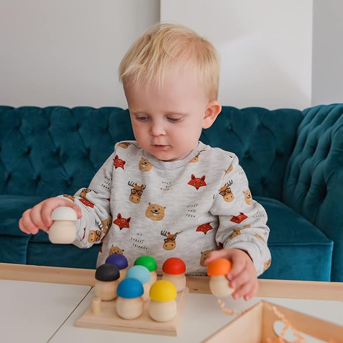 Ulanik Mushroom Glade Toddler Montessori Toys for 3 Year Old + Kids Wooden Mushrooms Game for Learning Color Sorting and Counting Preschool Education — 9 pcs