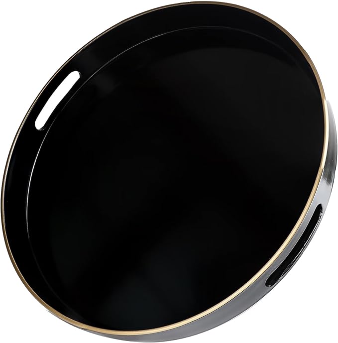 Omuriko Black Round Decorative Tray with Handles, 13" Versatile Serving Tray for Coffee Table, Ottoman, Ideal for Serving, Displaying, Organizing