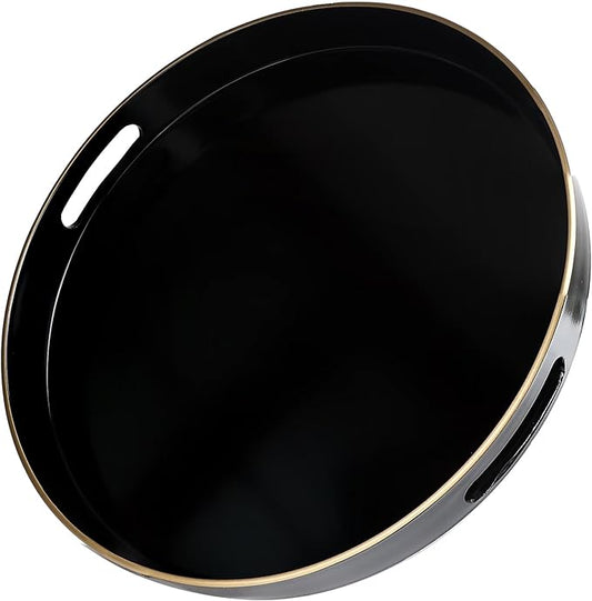 Omuriko Black Round Decorative Tray with Handles, 13" Versatile Serving Tray for Coffee Table, Ottoman, Ideal for Serving, Displaying, Organizing