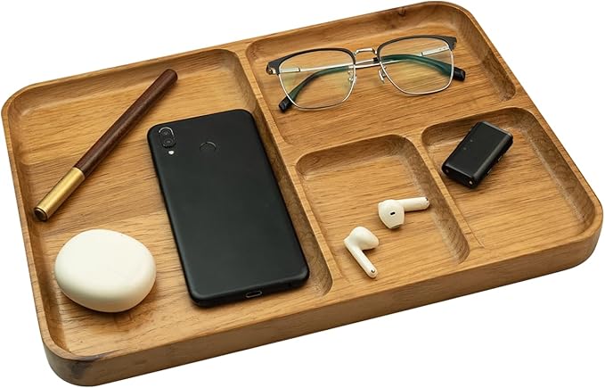 Desk Drawer Organizer Tray Wooden Valet Trinket Catch All Key Nightstand Tray with 4 Deep Dividers, 14x10x1'', Solid Wood Carved