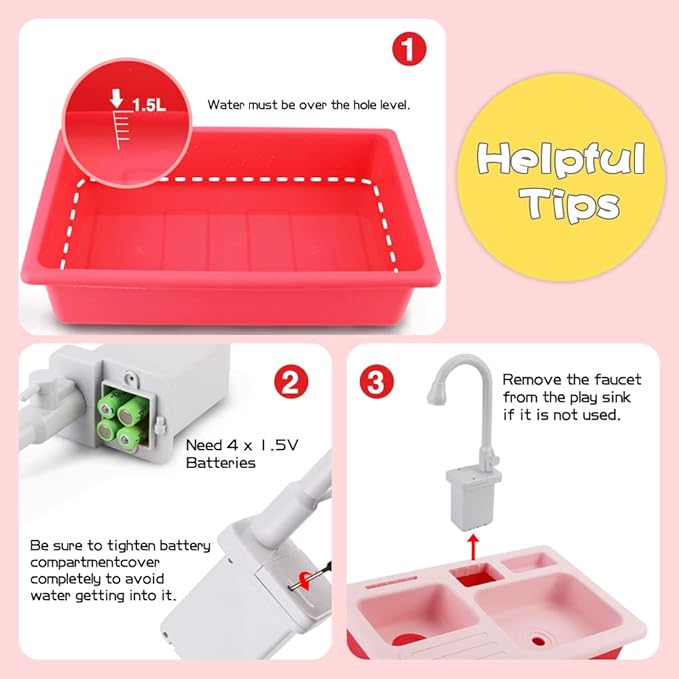 BOBXIN Play Sink with Running Water, Kids Pretend Play Kitchen Toy Sink for Girl, Role Play Electric Dishwasher Kitchen Water Toys Set with Upgraded Working Faucet and Dishes Playset for Boy Toddler