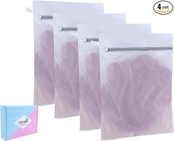 RICHERI Mesh Laundry Bags, Mesh Wash Bags, Durable Mesh Structure with Strong Zipper, Suitable for Underwear, Delicate Clothes, Pants, Shoes, Socks Washing (Small Fine Mesh, Medium 16 * 20in *4pcs)