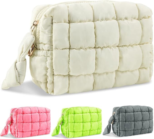 Puffer Quilted Makeup Bag Cosmetic Bags,Puffy Travel Toiletry Pouch for Women,Cute Checkered Zipper Bag Travel Essential,Portable Aesthetic Make up Organizer Bag for Gifts Work Daily(Beige,S)