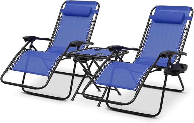 Athena Collection Zero Gravity Outdoor Lounge Chair Set of 2 with Side Table, 29" Width Pool Lounge Lawn Chairs Reclining with Cup Holder, Outdoor Chaise for Beach Patio Backyard Outside, Blue