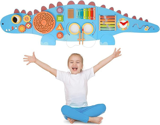 Dinosaur Sensory Wall Panel for Kids,10-in-1 Wall Toys for Toddlers, Montessori Busy Board,Toddler Playroom Bedroom Decor