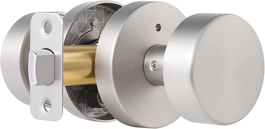 Brushed Nickel Door Knobs Interior, Satin Nickel Privacy Door Knob Interior with Lock, Round Modern Keyless Bedroom and Bathroom Door Handles
