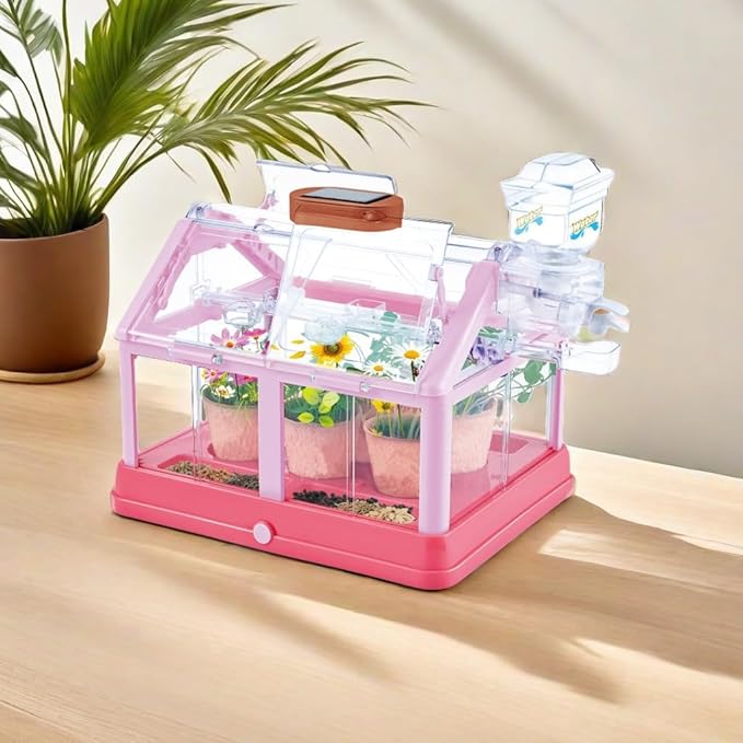 Kids Plant Growing Kit Greenhouse Growing Set Terrarium Kit Kids Science Educational DIY Plant Gardening Toy, Living Greenhouse with Solar Panel, Indoor Gardening Kit
