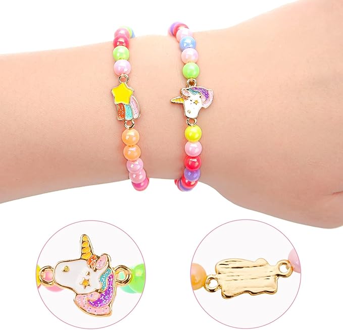 20 Pcs Colorful Unicorn Bracelet Girls Rainbow Unicorn Heart Beaded Bracelet Stretchy Costume Jewelry Set Party Favors Gifts Friendship Bracelets for Kids Little Girls (Bead Style)