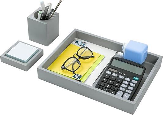 MyGift 3 pcs Set Modern Gray Concrete Desk Organizer Trays, Desktop Office Paper Tray, Stationery Holder Pencil Cup, Sticky Note Pad Holder