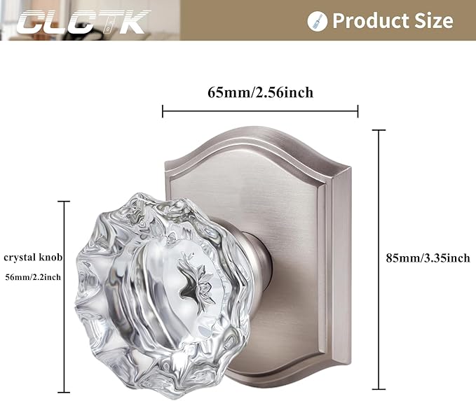 CLCTK 2 Pack Crystal Dummy Door Knobs, Non-Turning Single Side Dummy Door Knob, Brushed Nickel