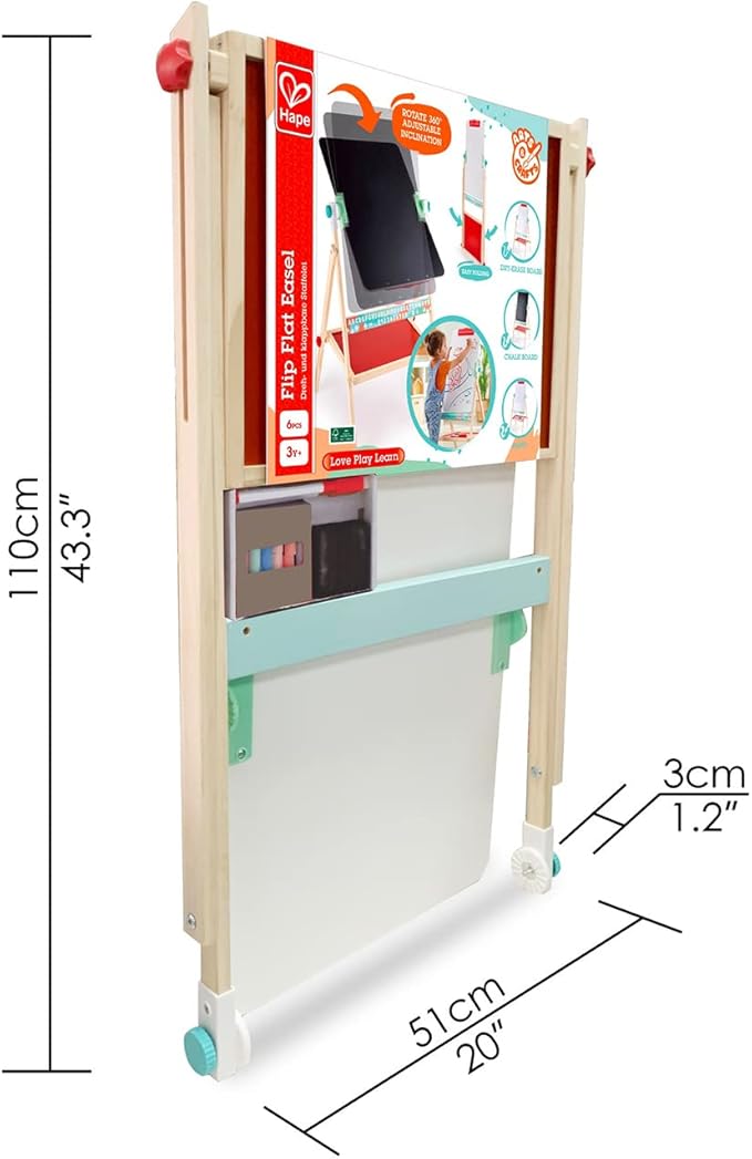 Hape Standing Flip Flat 2 Sided Kids Artwork Easel with Chalk Blackboard and Marker Whiteboard, Includes 4 Chalks, 2 Marker Pens, and One Board Rubber