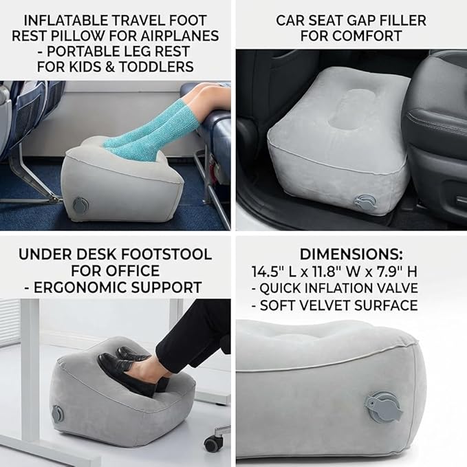 Inflatable Foot Rest, Carseat Inflatable Foot Rest Pillow, Airplanes Inflatable Foot Rest Cars, Travel Footrest Pillow for Home Office,Trains (Grey, 14.5" L×11.8" W×7.9”H)