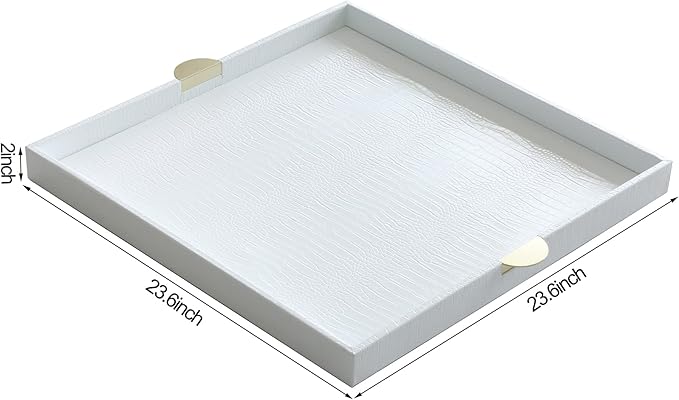 HofferRuffer Extra Large Square Serving Tray, Elegant Faux Leather Ottoman Tray with Gold Hardware Handles, Serve Tea, Coffee or Breakfast in Bed, 23.6 x 23.6 inches, White Large Square
