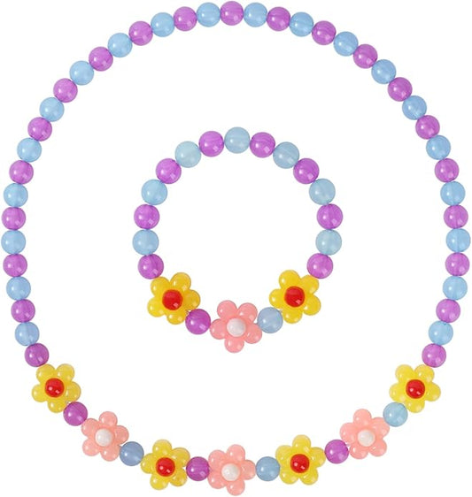 Girls Jewelry Set - Cute Flower Beads Necklace Bracelet-Toddler Girls Flower Jewelry - Stretchy Chunky Costume Jewelry Present Toy-Yellow
