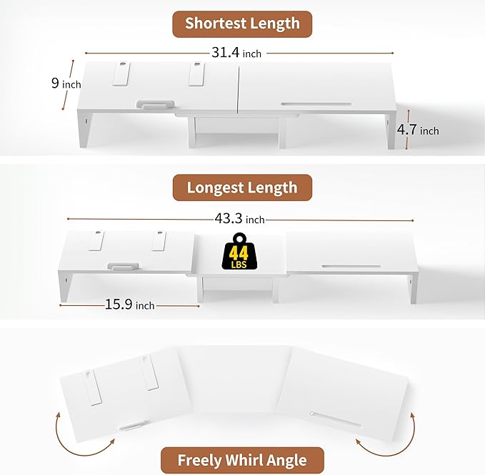 Dual Monitor Stand Riser - Computer Monitor Stand for 2 Monitors，Office Desktop Organizer，Adjustable Length and Angle 3 Shelf with Storage Drawer Phone Holder for Monitors and Laptops-White