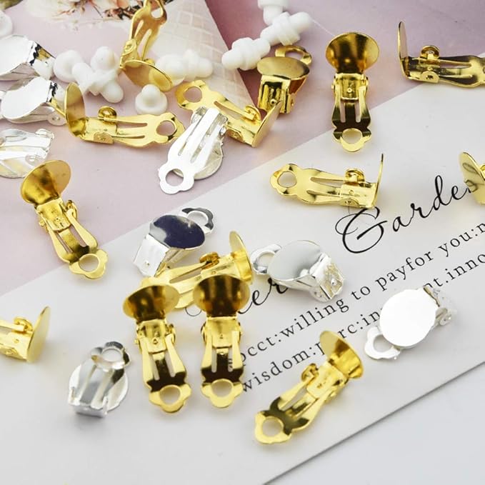 200 Pieces Round Flat Backs and Findings Set Including 100pcs Round Flat Back Tray Earring Clips + 100pcs Clip-on Earring Findings Pad Base for DIY Earring Making Jewelry