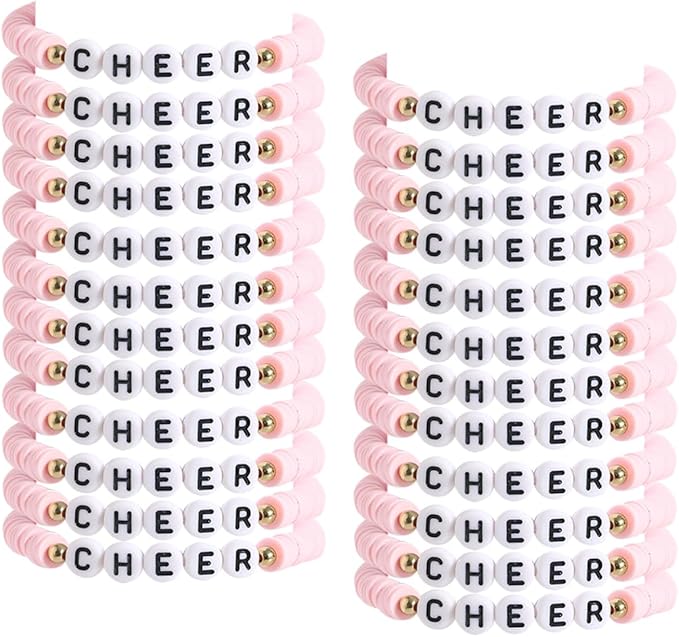 24 Pcs Cheerleader Gifts for Girls Handmade Friendship Bracelets for Teen Girls Stretch Cheer Bracelets Y2k Cheer Stuff Stackable Clay Bead Bracelets Bulk Teens Birthday Christmas Party Favors