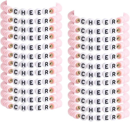 24 Pcs Cheerleader Gifts for Girls Handmade Friendship Bracelets for Teen Girls Stretch Cheer Bracelets Y2k Cheer Stuff Stackable Clay Bead Bracelets Bulk Teens Birthday Christmas Party Favors