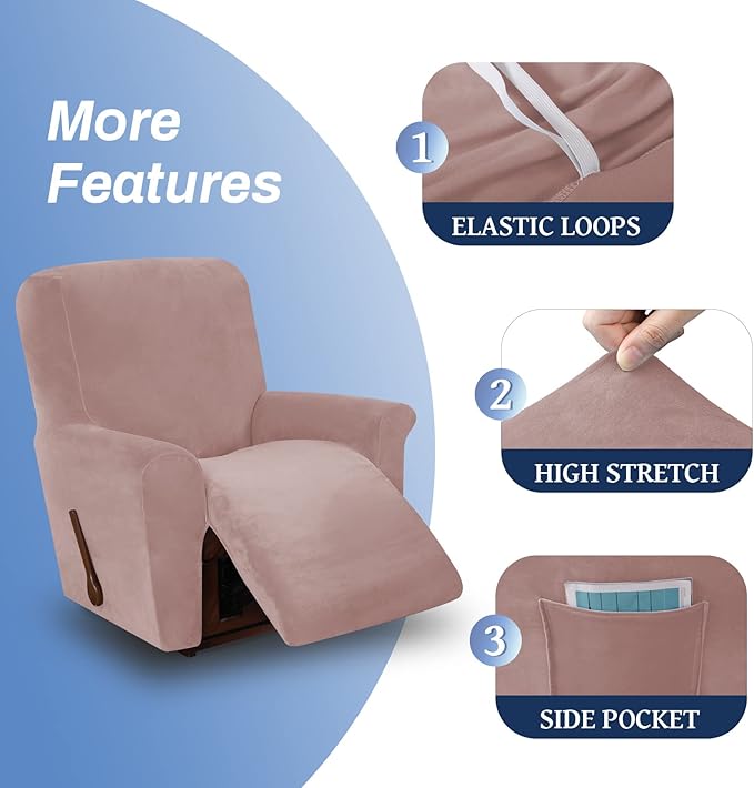 WEERRW Velvet Recliner Chair Cover 1 Piece High Stretch Recliner Couch Cover, Washable Furniture Protector with Non Slip Elastic Bottom for Kids and Pets, Blush Pink