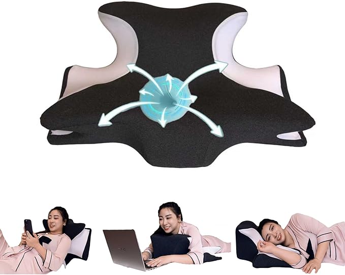 Ergonomic reading/cervical pillow suitable for lying flat, side, and prone positions; memory foam back support pillow to relieve shoulder, neck, chin, and arm pain; removable pillowcase (Black)
