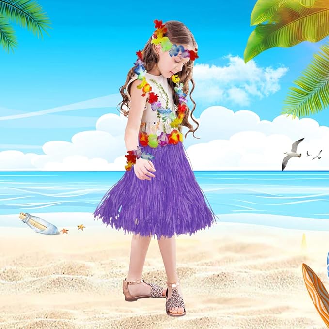 Fortuning's JDS Girl's elastic Hawaiian hula dancer grass skirt with flower costume set -purple Birthday Tropical Party Decorations