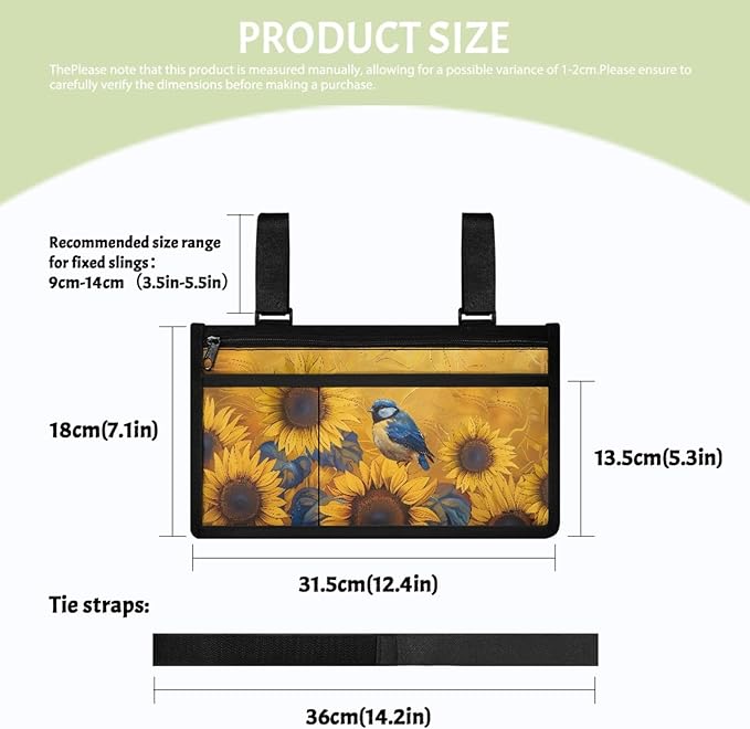 ZOUTAIRONG Sunflower Bird Wheelchair Side Bag Walker Bag, Elegant Floral Rustic Botanical Vintage Teal Wheelchair Armrest Accessories Organizer Pouch for Walkers, Rollators, Scooters